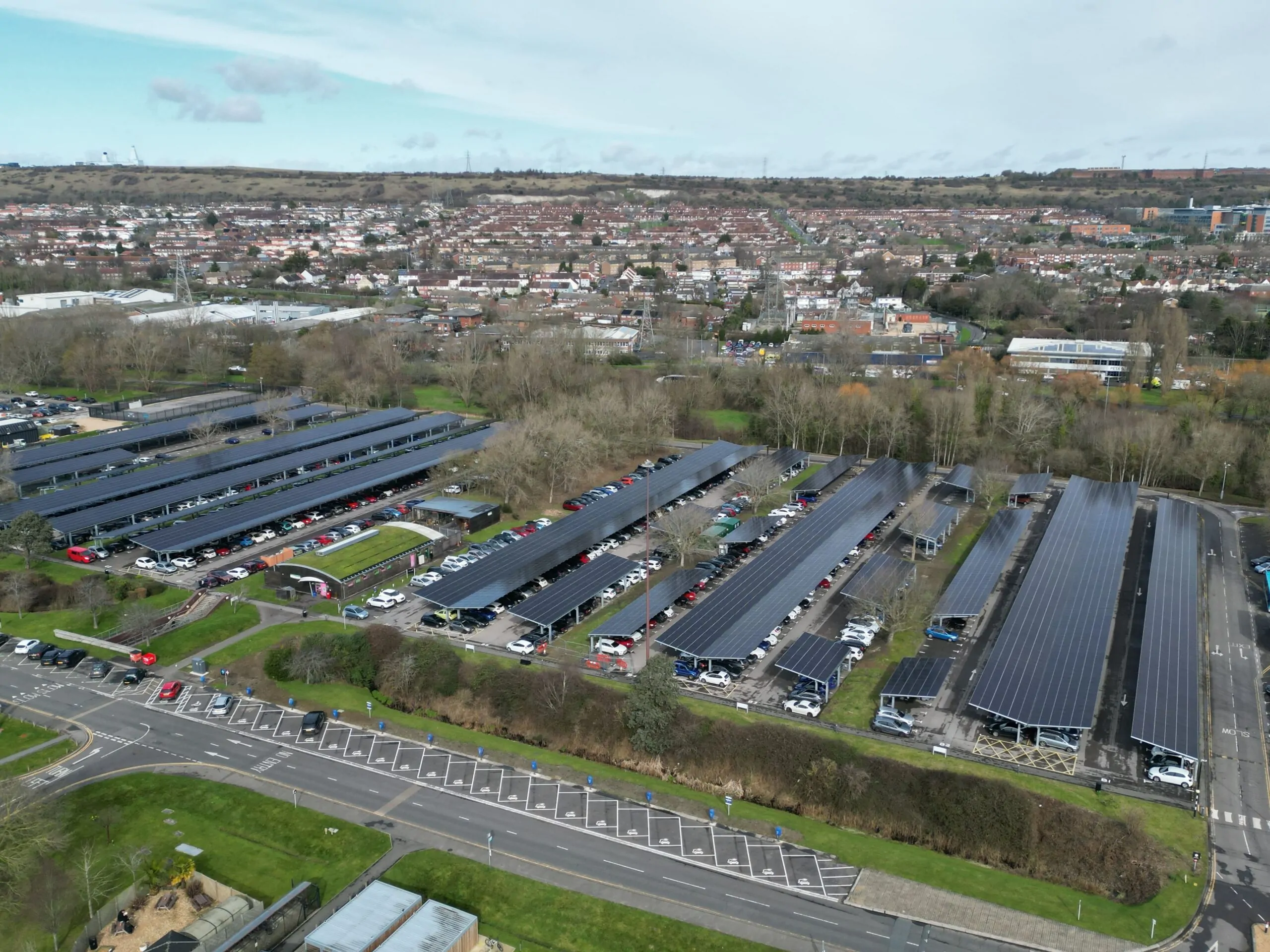 Lakeside-North-Harbour-4 Drone view of photovoltaic parking canopies at Lakeside North Harbour